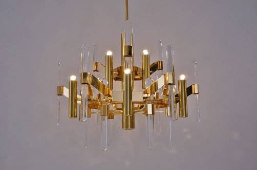 Sciolari brass chandelier, crystals & 9  lights, 1970s, Italian